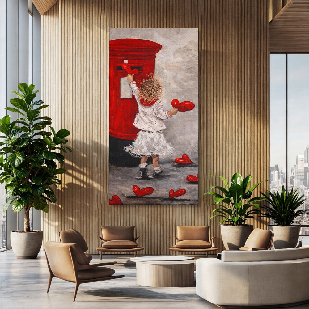 Tablou canvas cu pictura cu fetita si cutie postala, fara rama, pe sasiu de lemn, pe perete intr-un birou